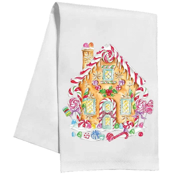 Handpainted Pink Gingerbread House with Christmas Candy Kitchen Towel Rosanne Beck 