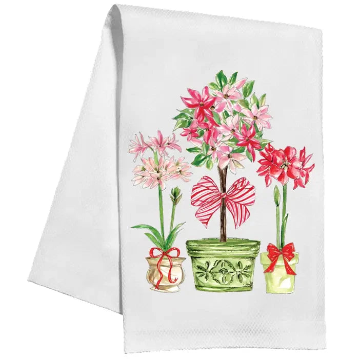 Handpainted Red and Green Poinsettias and Topiary with Bows Kitchen Towel Rosanne Beck 