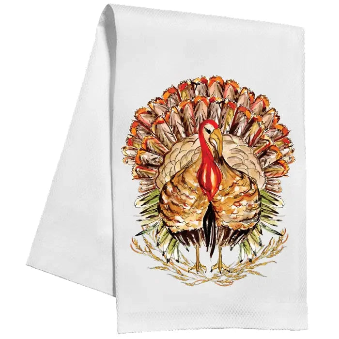 Handpainted Standing Turkey with Fall Foliage Kitchen Towel Rosanne Beck 