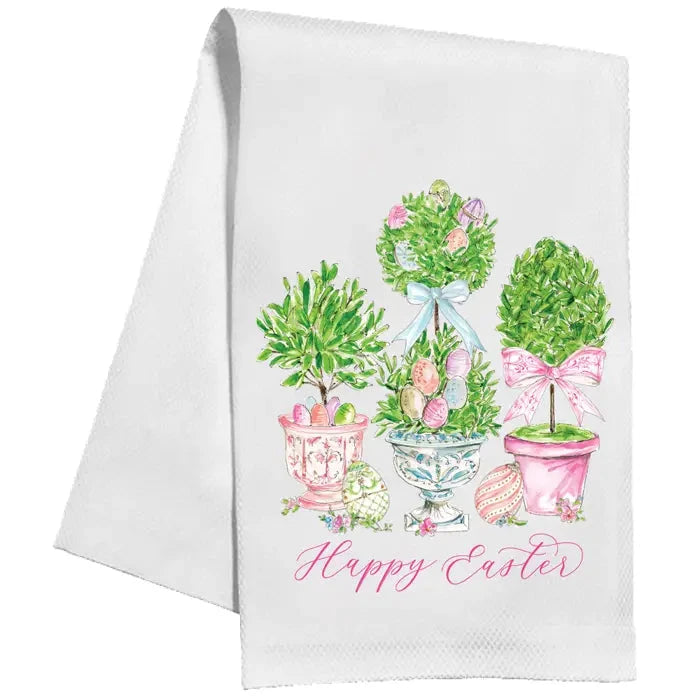 Happy Easter Topiaries Pastel Pots Easter Eggs Kitchen Towel Kitchen Towel Rosanne Beck 