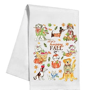 Happy Fall Party Pooches with Leaves and Pumpkins Kichen Towel Kitchen Towel Rosanne Beck 