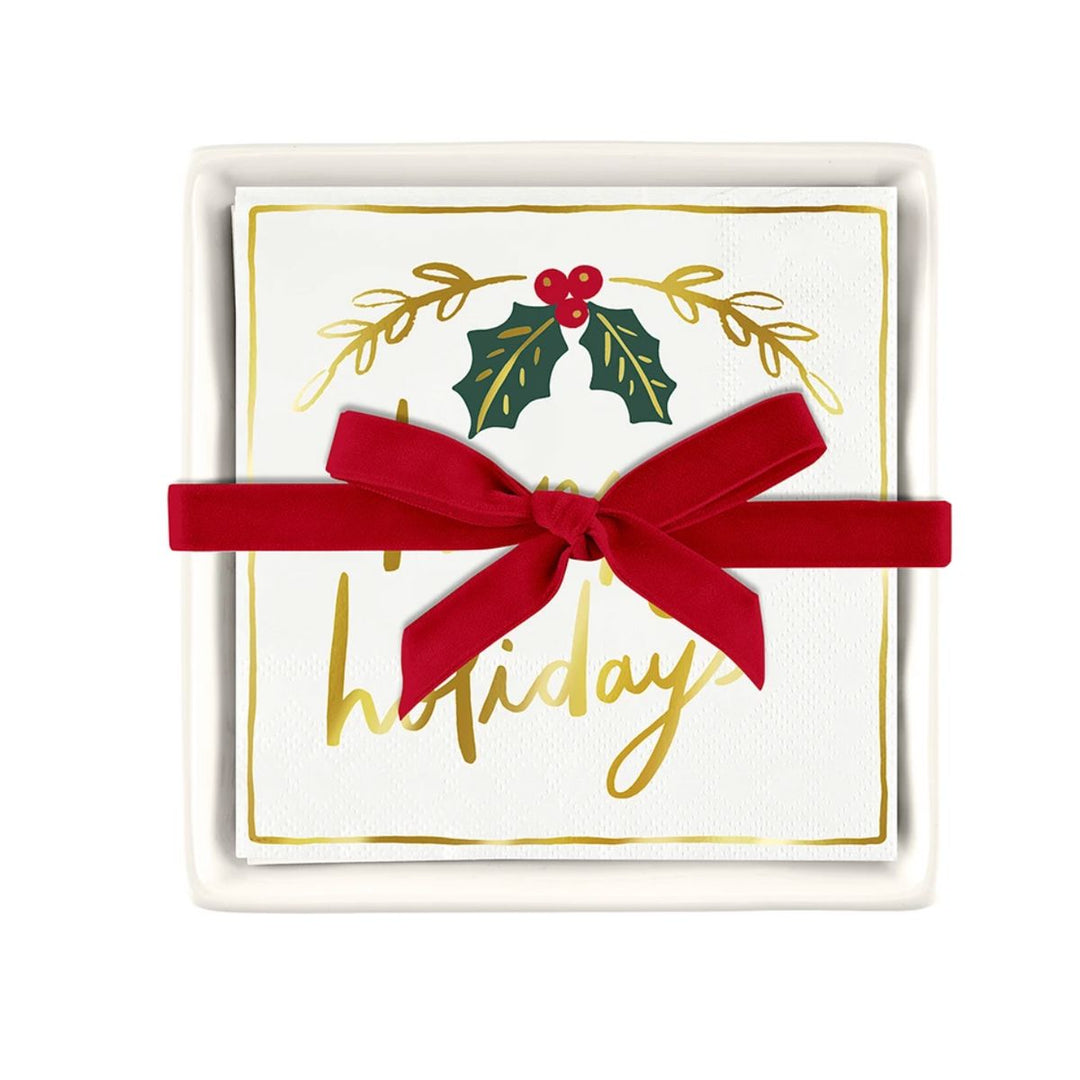 Happy Holidays Ceramic Napkin Tray + Napkins Cocktail Napkins Creative Brands - Santa Barbara Design Studio 