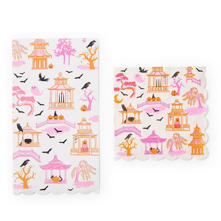Haunted Pagoda Scalloped Guest Towels Cocktail Napkins Two's Company 
