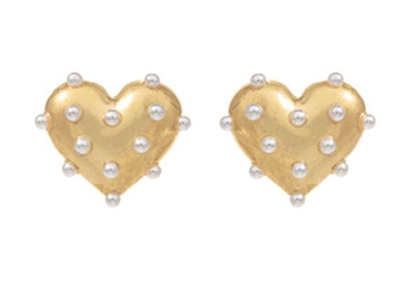 Heart Stud Earrings with Pearl Accents - Vintage Gold Womens Earrings Golden Stella 