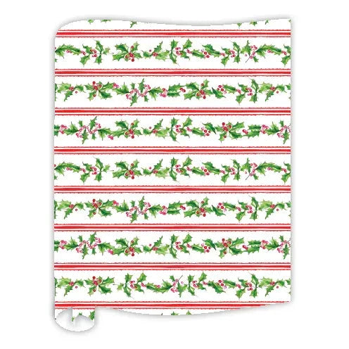 Holly and Berries and Red Stripes Pattern Table Runner Table Runner Rosanne Beck 