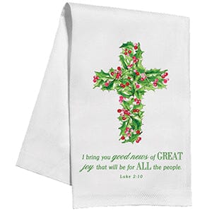 Holly & Berry Cross with Scripture Luke 2:10 Kitchen Towel Kitchen Towel Rosanne Beck 