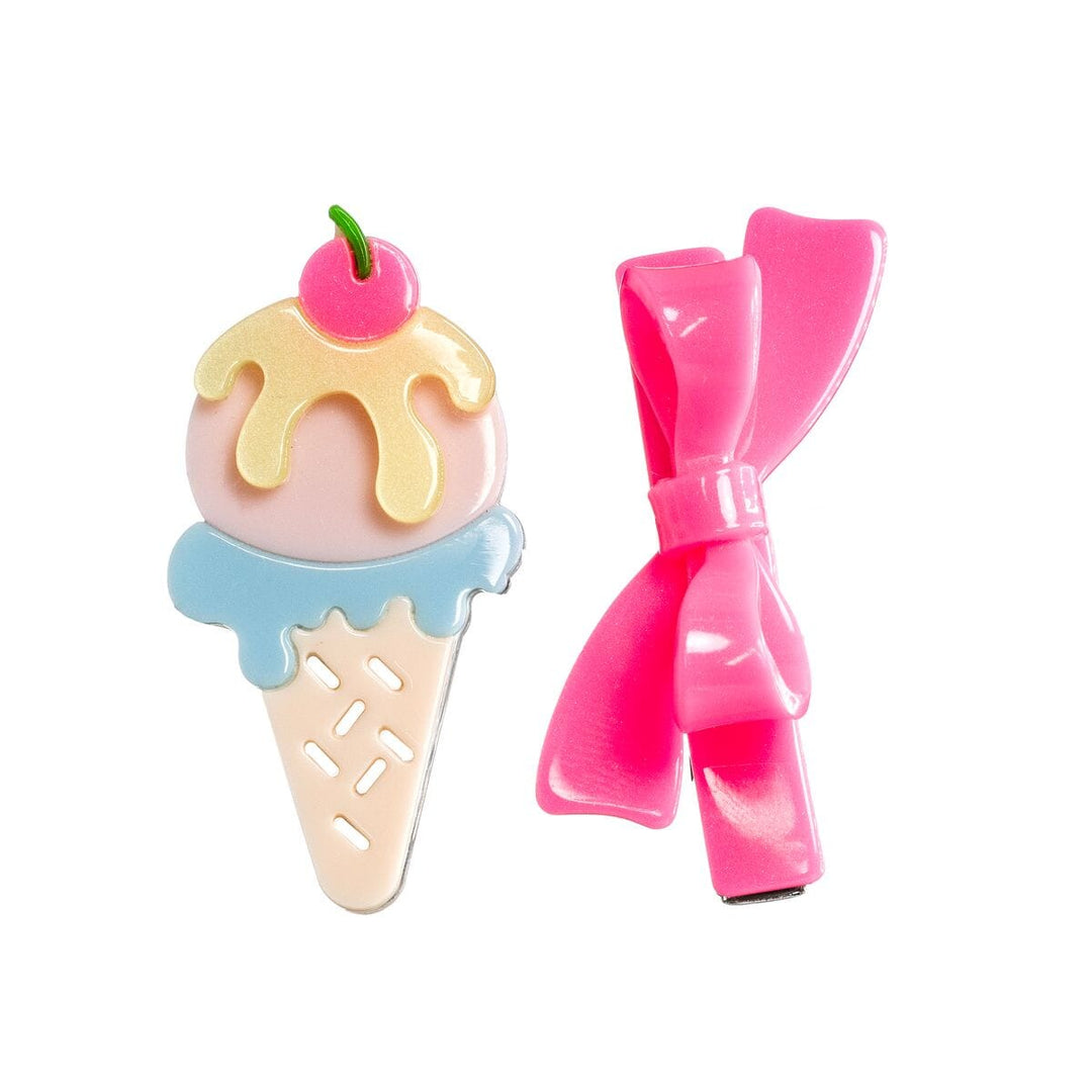 Ice Cream Cone Neon Pink Bow Alligator Clips Girl Hair Accessory Lilies and Roses 