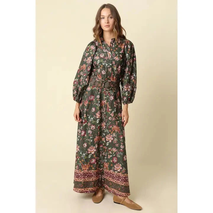 Jena Floral Belted Maxi Shirt Dress Womens Dress Olivaceous 