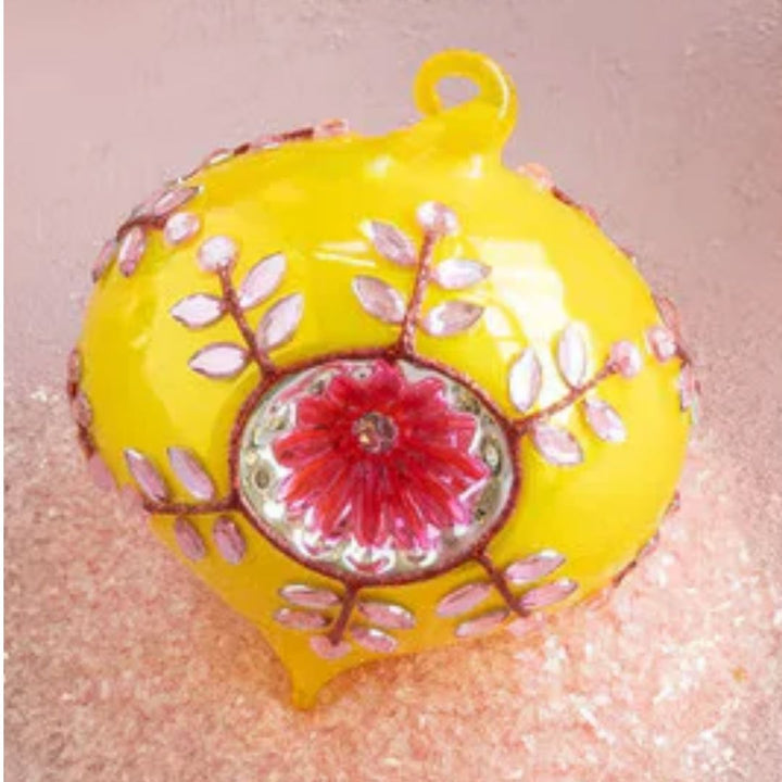 Jeweled Reflector Glass Ornaments Christmas Ornament Park Hill - Glitterville Yellow with Pink 