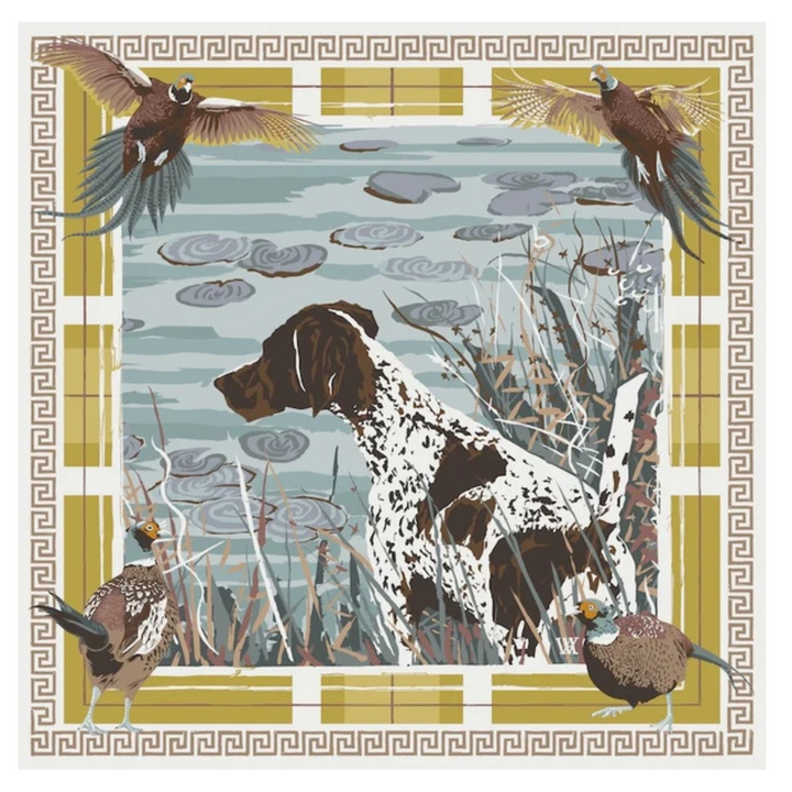 A square decorative print or scarf design featuring a hunting dog standing in a marsh with lily pads, surrounded by pheasants and a Greek key border.