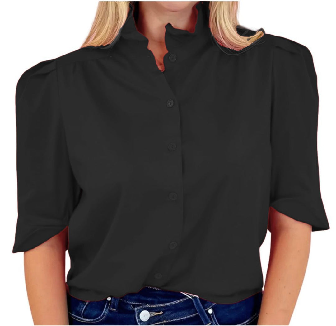 Jodie Ruffle Collar Shirt - Black Womens Shirt Adrienne 
