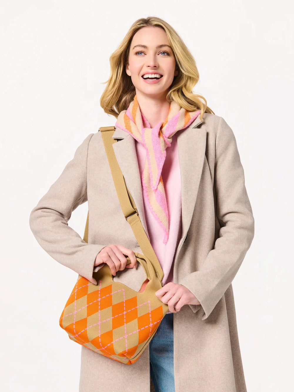 Joy Small Triangle Scarf - Tan, Pink, Orange Scarf Shiraleah 