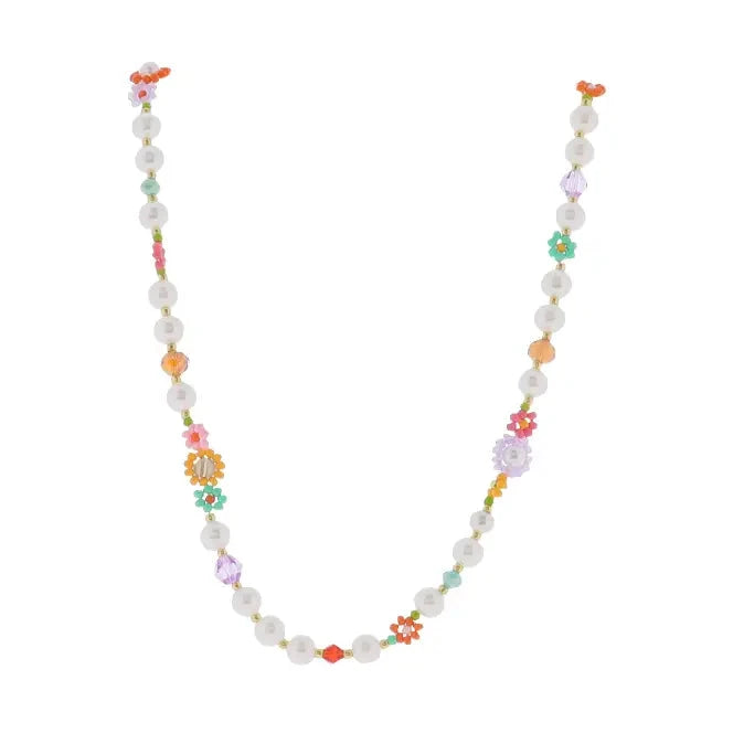 Kids 14" Orange, Teal, Pink Flower & Pearl Beaded Necklace Girl Necklace Jane Marie 