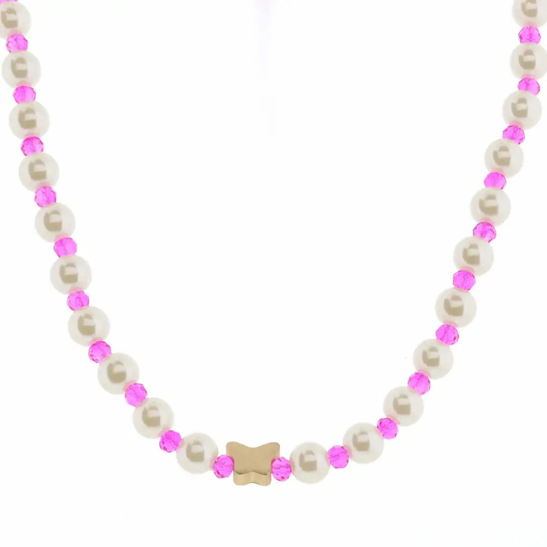 Kids 14" Pearl & Hot Pink Faceted with Butterfly Necklace Girl Necklace Jane Marie 