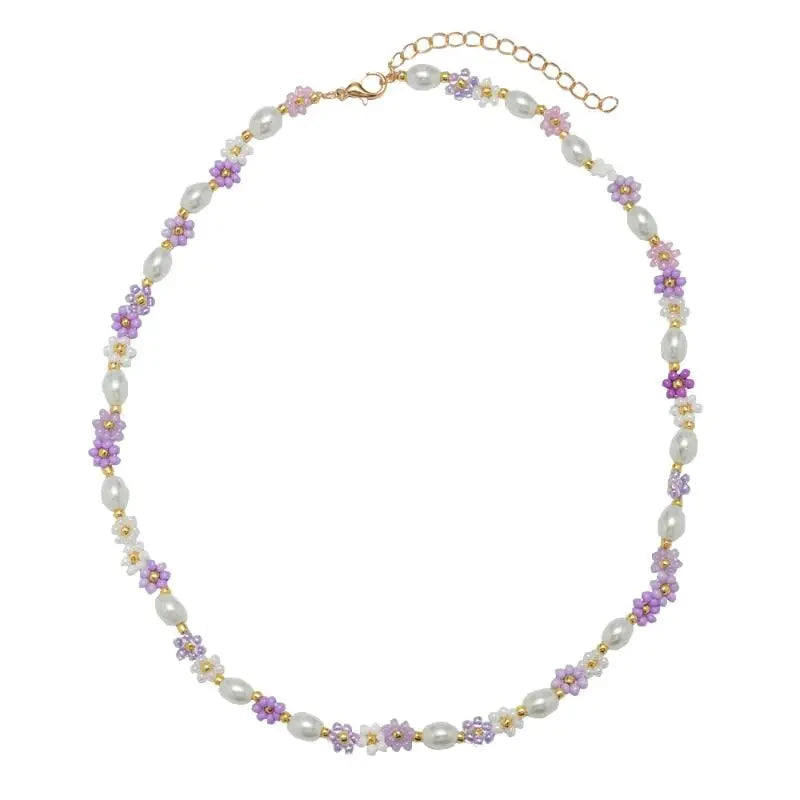 Kids 14" Purple, Lavender Flower & Pearl Beaded Necklace Girl Necklace Jane Marie 