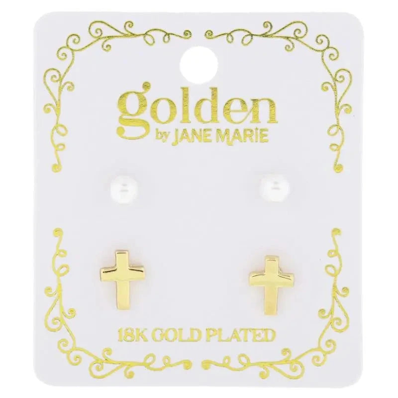 Kids 18K Gold Plated 2 Stud Set, Pearl, Cross Earrings Girl Earrings Jane Marie 
