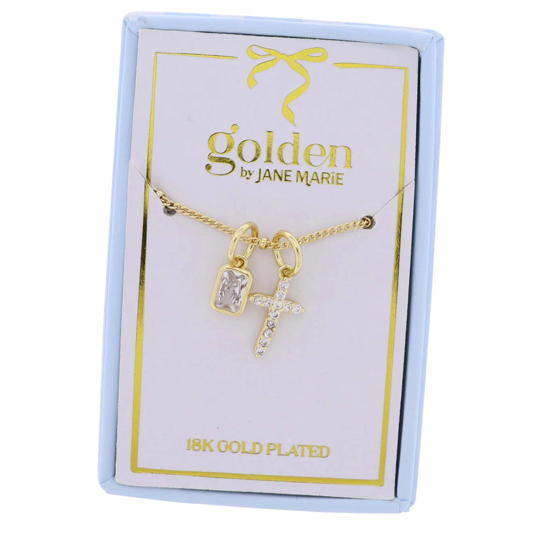 Kids 18K Gold Plated Clear Crystal Cross w/Square Necklace Girl Necklace Jane Marie 