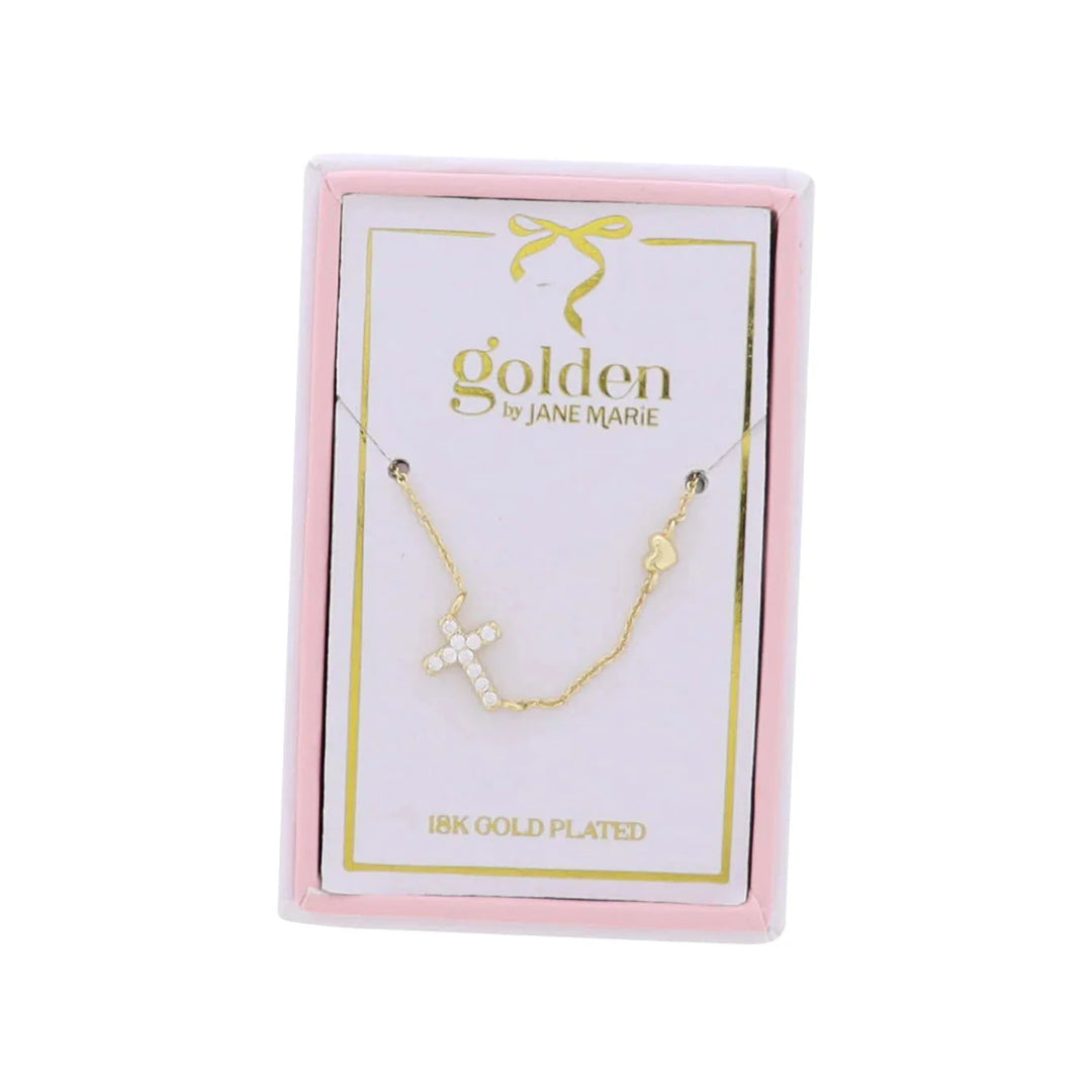 Kids 18K Gold Plated Clear Sideways Crystal Cross Necklace Girl Necklace Jane Marie 