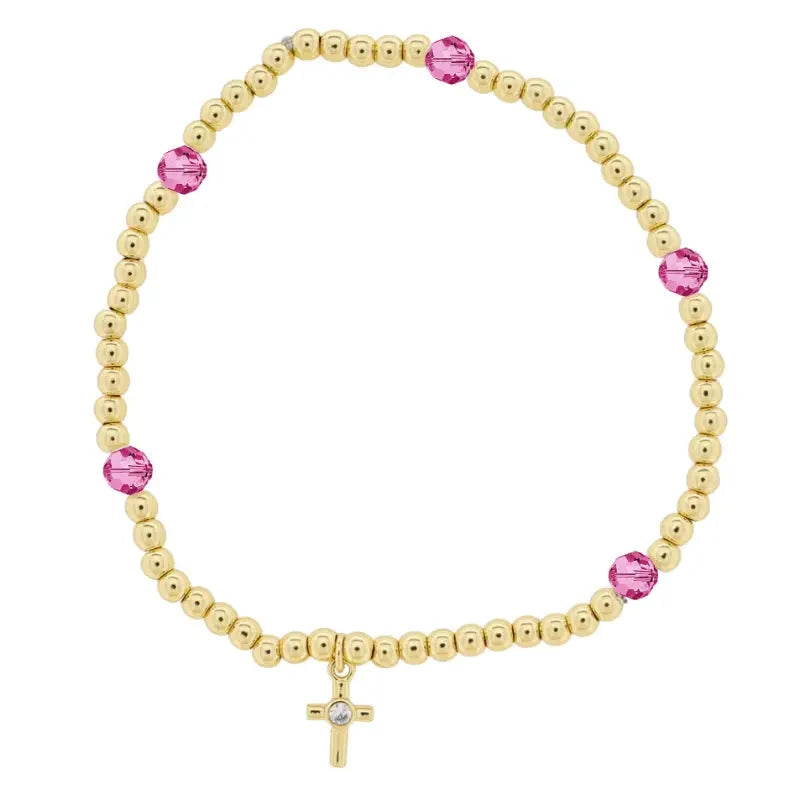 Kids 18K Gold Plated Gold & Pink Beaded Bracelet with Cross Girl Bracelet Jane Marie 