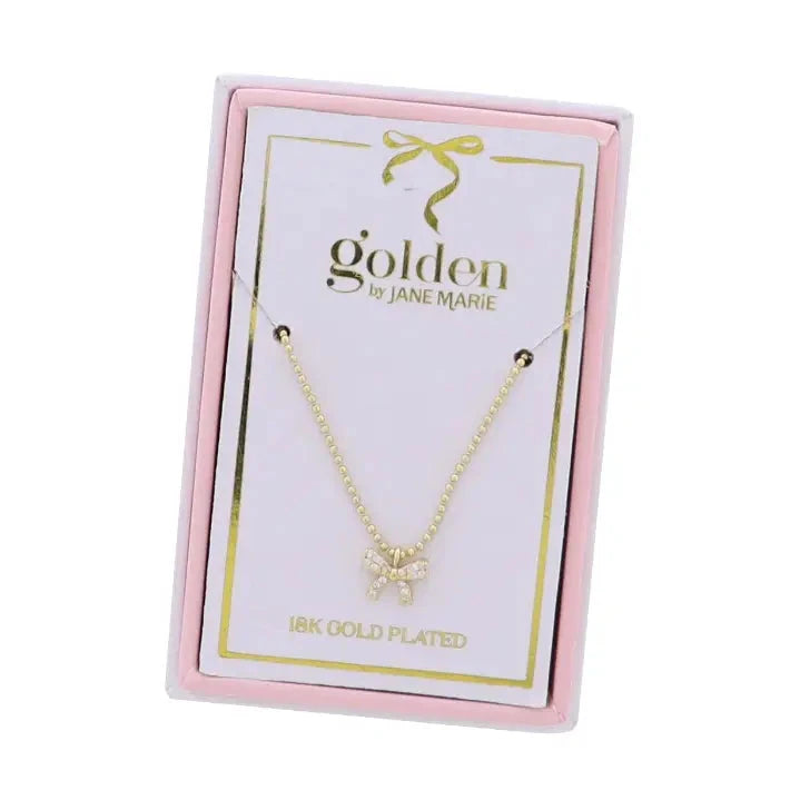 Kids 18K Gold Plated Necklace with Clear Crystal Bow Girl Necklace Jane Marie 