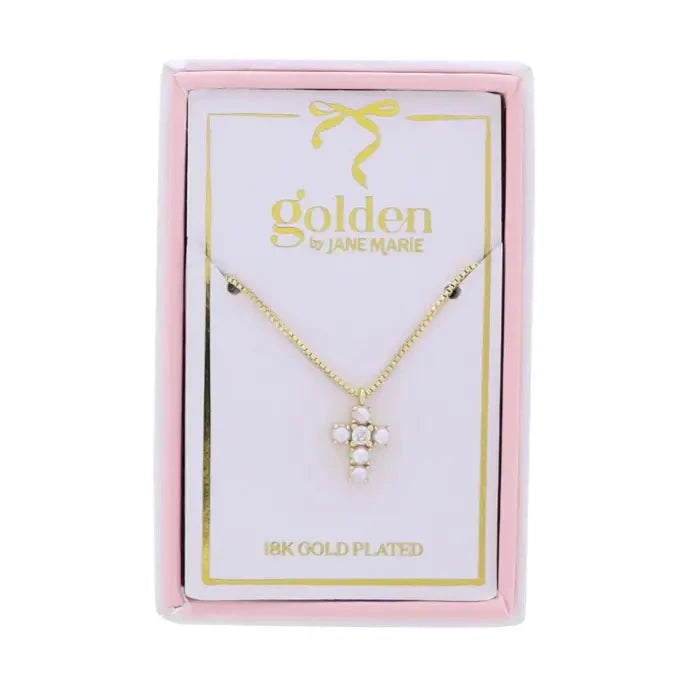 Kids 18K Gold Plated Necklace with Pearl Cross Girl Necklace Jane Marie 