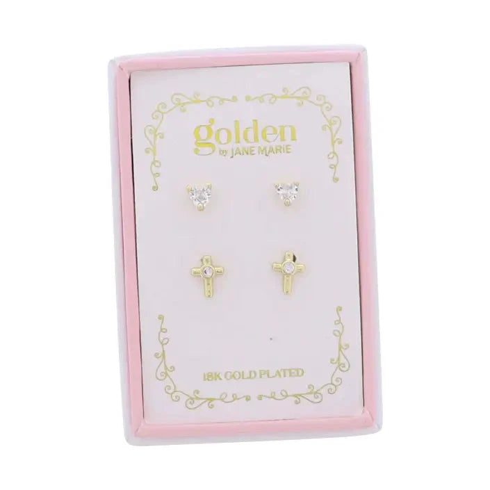 Kids 18K Gold Plated Set of 2 Crystal Heart & Gold Cross Girl Earrings Jane Marie 