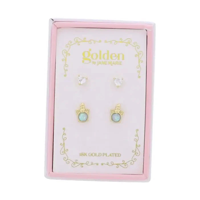 Kids 18K Gold Plated Set of 2 Heart & Opal Unicorn Earrings Girl Earrings Jane Marie 
