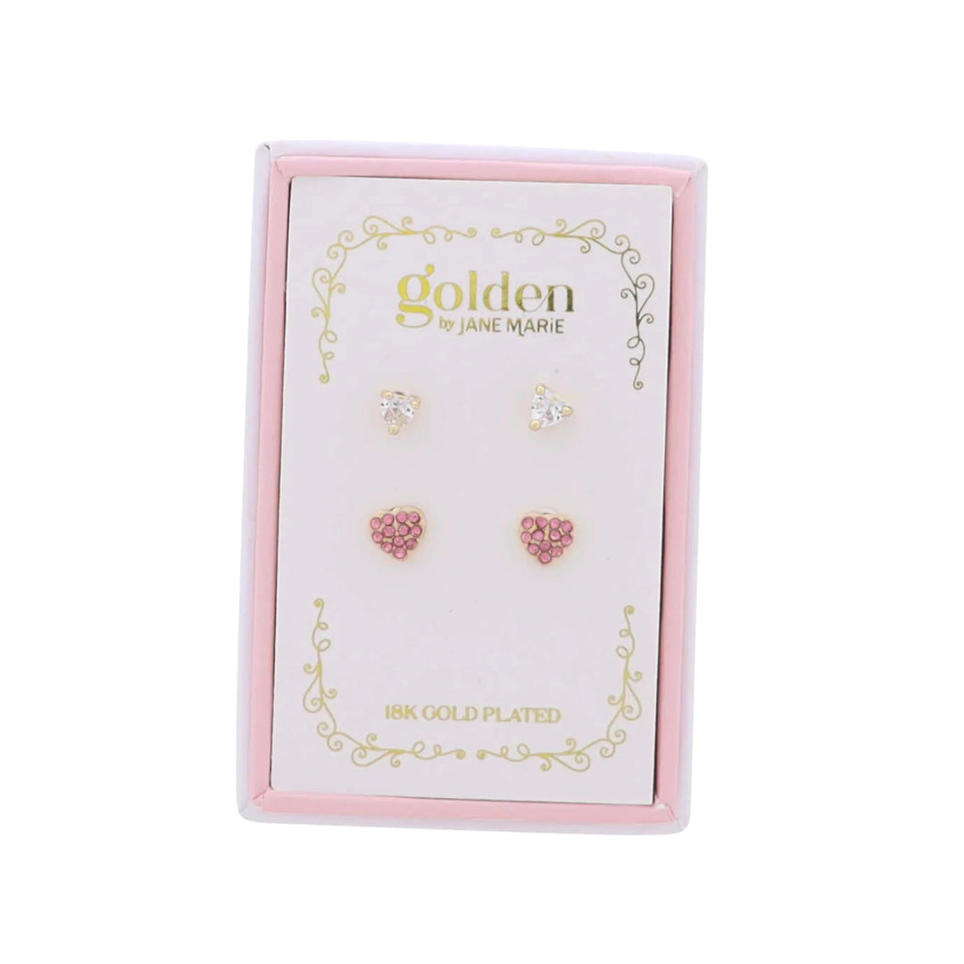 Kids 18K S/2 Gold Plated Earrings - Clear Heart and Pink Heart Girl Earrings Jane Marie 