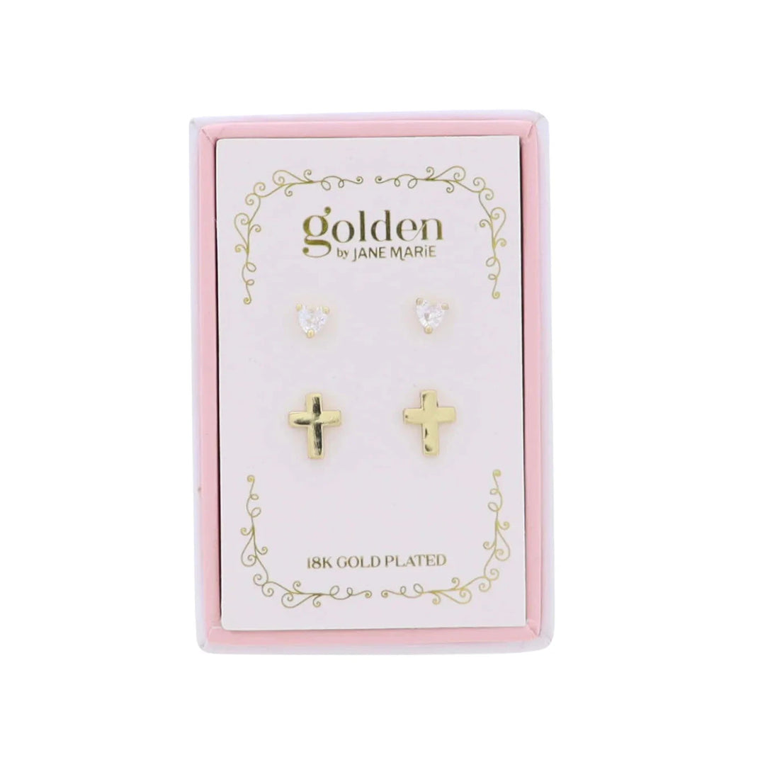Kids 18K S/2 Gold Plated Earrings - Heart and Gold Cross Girl Earrings Jane Marie 