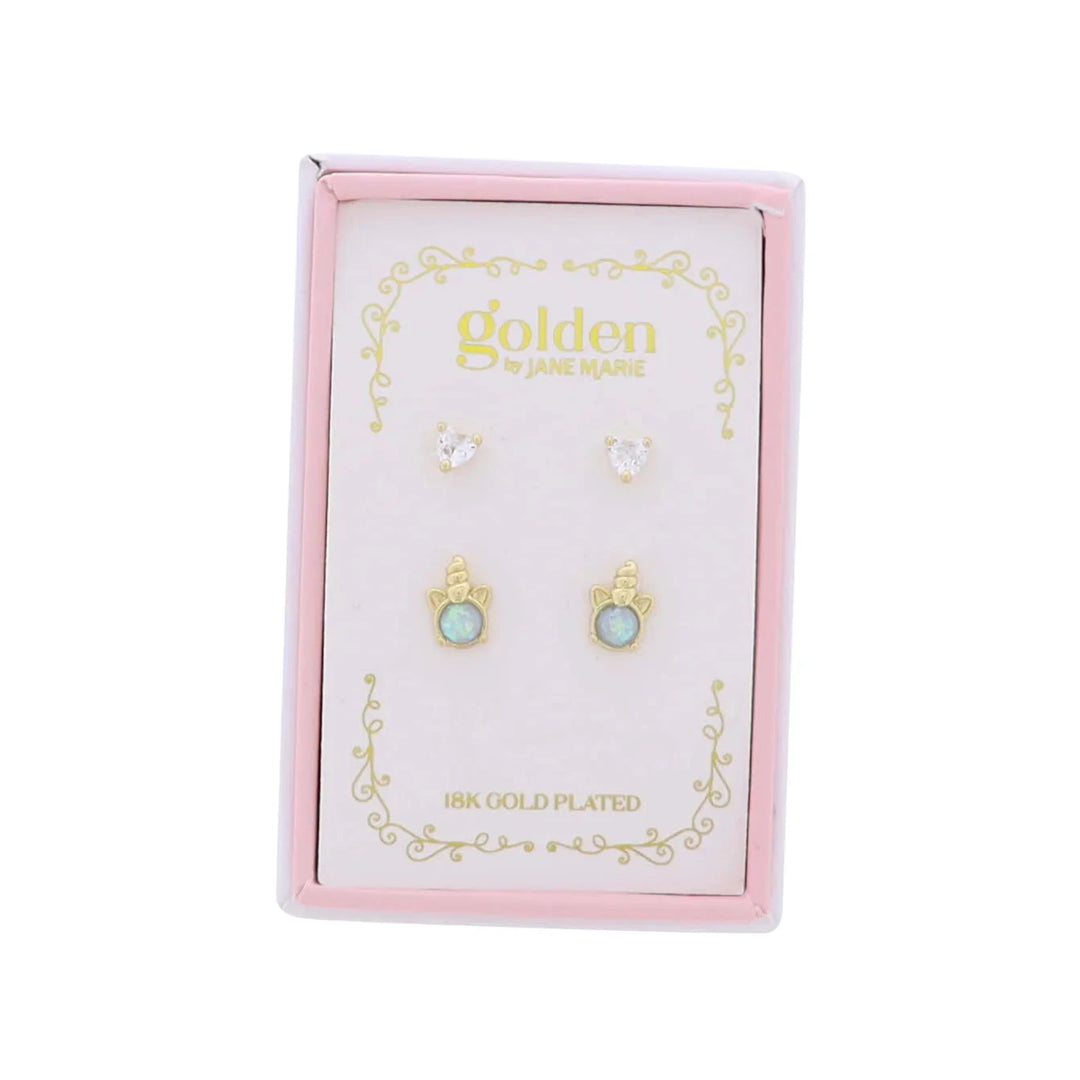 Kids 18K S/2 Gold Plated Earrings - Heart and Opal Unicorn Girl Earrings Jane Marie 