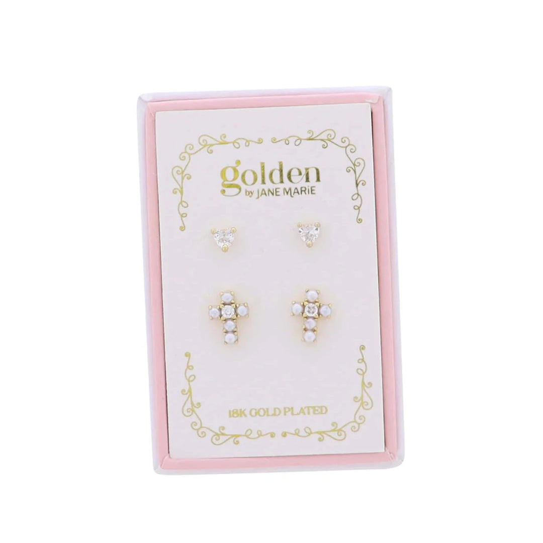Kids 18K S/2 Gold Plated Earrings - Heart and Pearl Cross Girl Earrings Jane Marie 