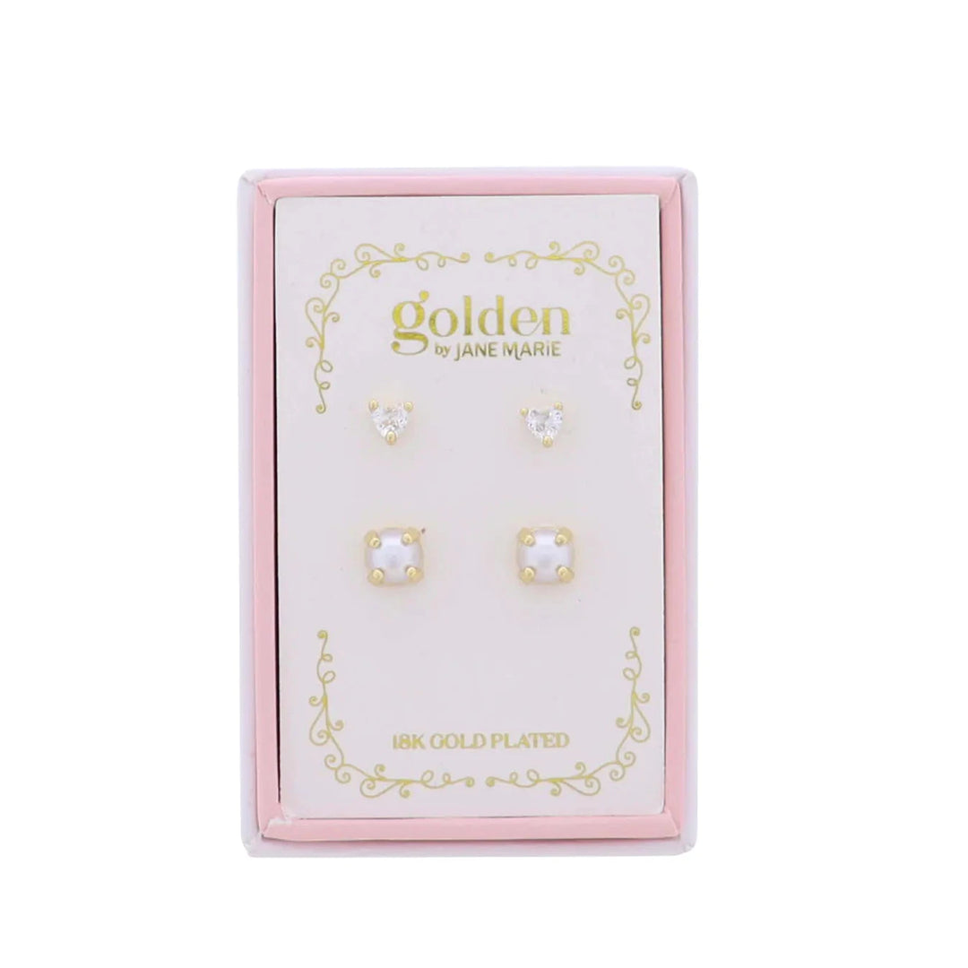 Kids 18K S/2 Gold Plated Earrings - Heart and Purple Cabachon Girl Earrings Jane Marie 