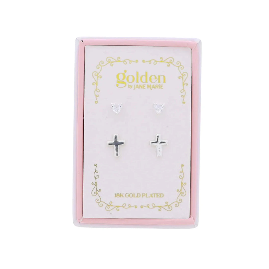 Kids 18K S/2 Gold Plated Earrings - Heart and Silver Cross Girl Earrings Jane Marie 