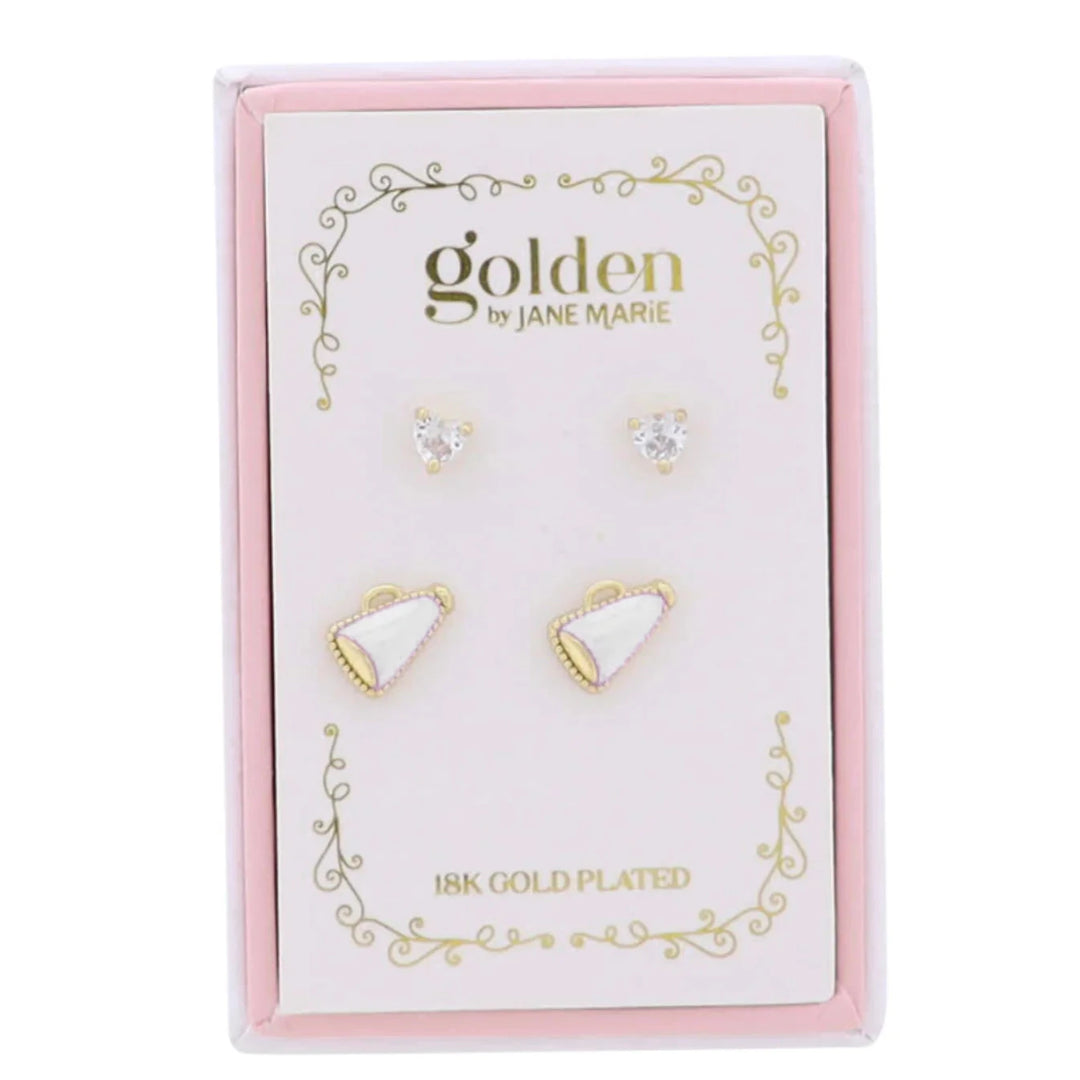 Kids 18K S/2 Gold Plated Earrings - Heart and White Megaphone Girl Earrings Jane Marie 