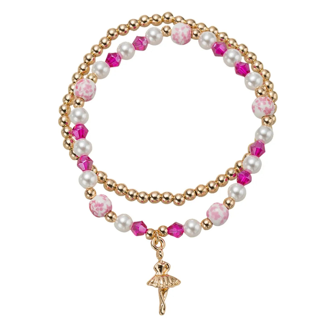 Kids Pink Floral Bead Set of 2 Bracelet with Ballerina Girl Bracelet Jane Marie 
