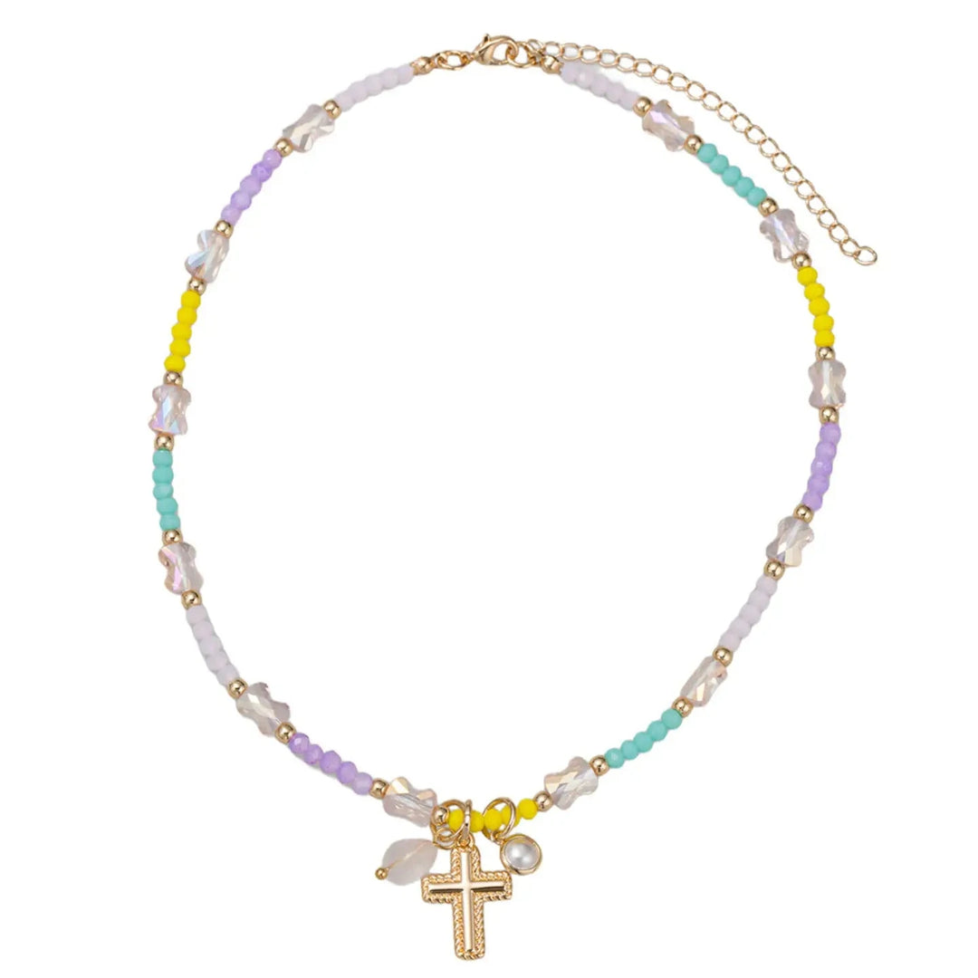 Kids Purple, Yellow, Mint Faceted Beaded Necklace & Cross Girl Necklace Jane Marie 