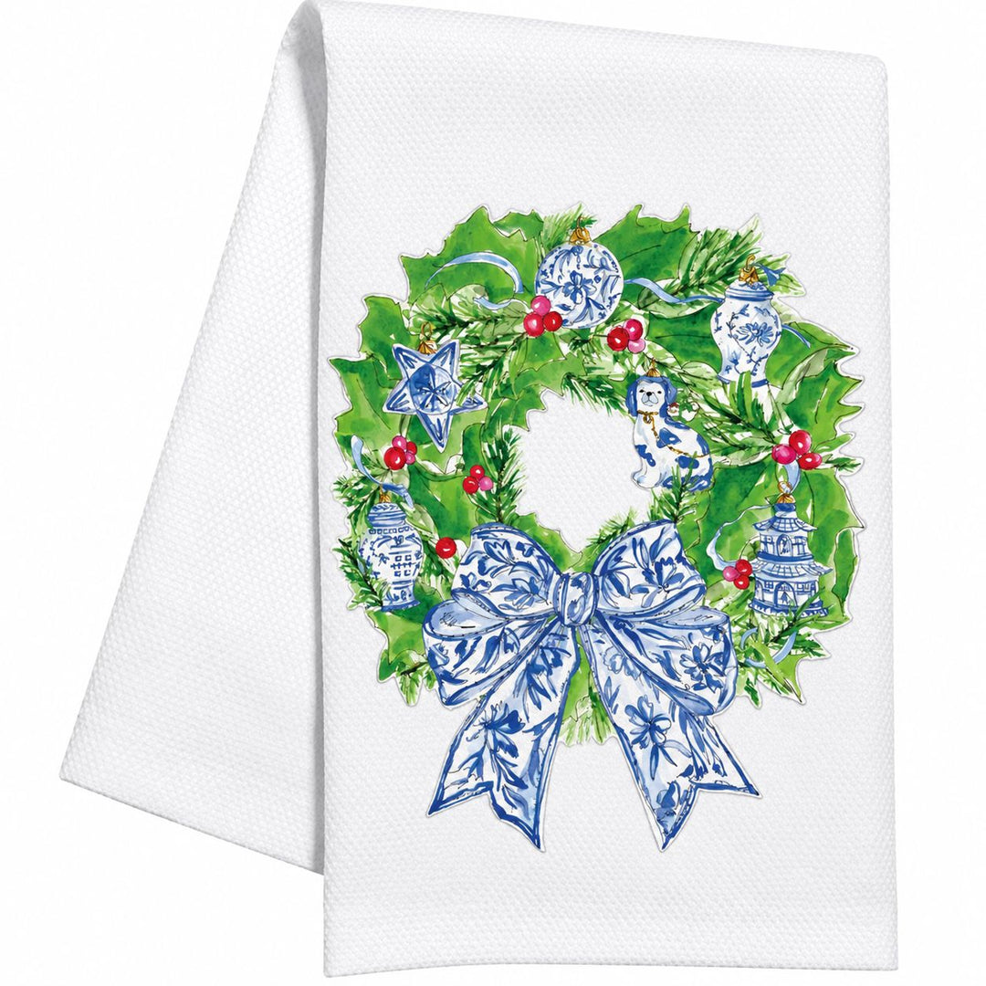 Kitchen Towel - Wreath with Blue Chinoiserie Ornaments + Bow Kitchen Towel Rosanne Beck 