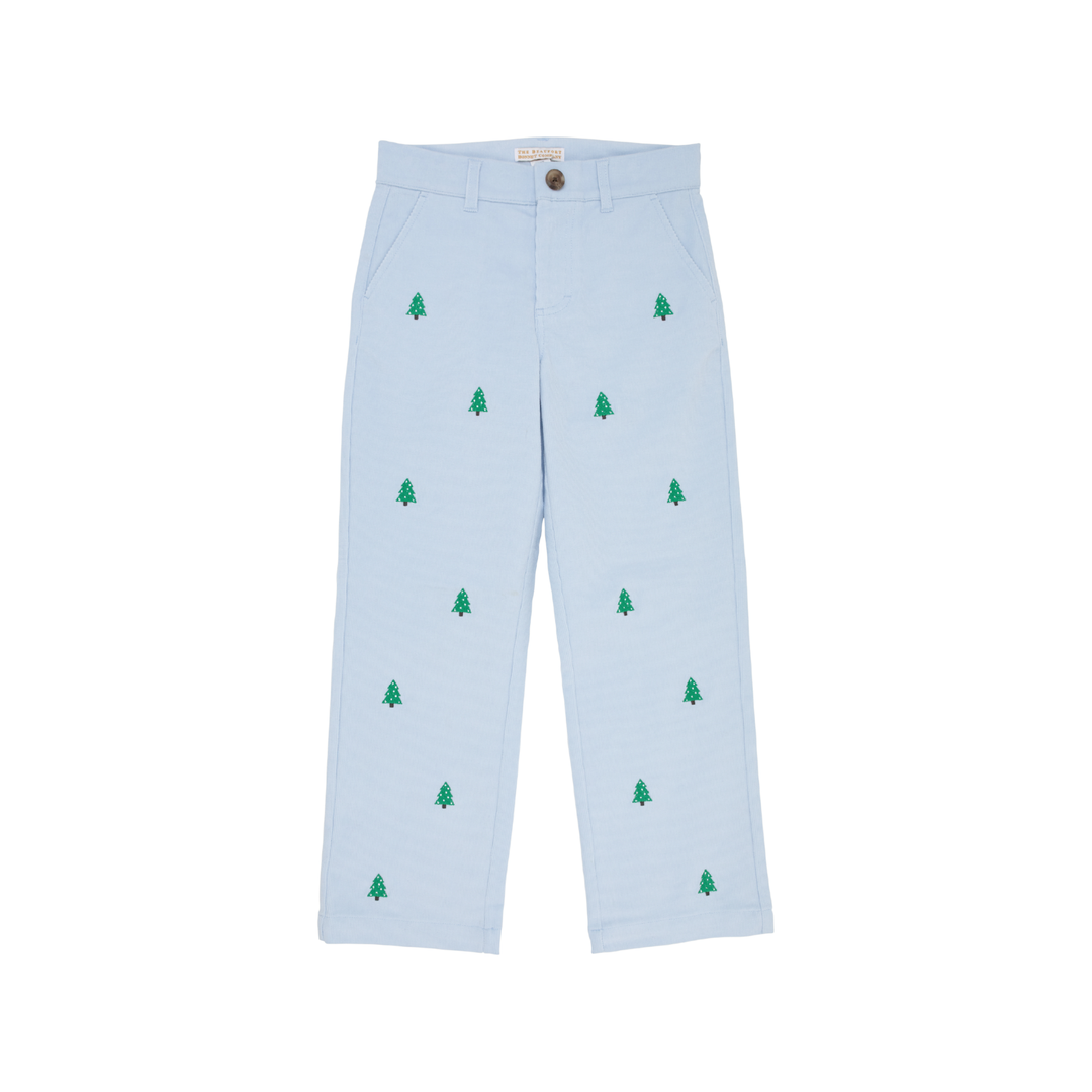 Light blue trousers with small green embroidered pine tree motifs scattered down the front, shown flat against a white background.