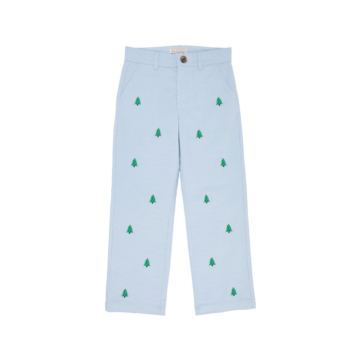 Light blue trousers with small green embroidered pine tree motifs scattered down the front, shown flat against a white background.
