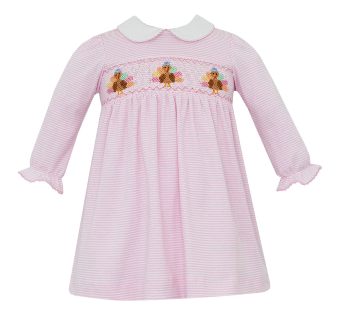 Knit Smocked Pink Stripe Turkey LS Dress Girl Dress Petit Bebe 