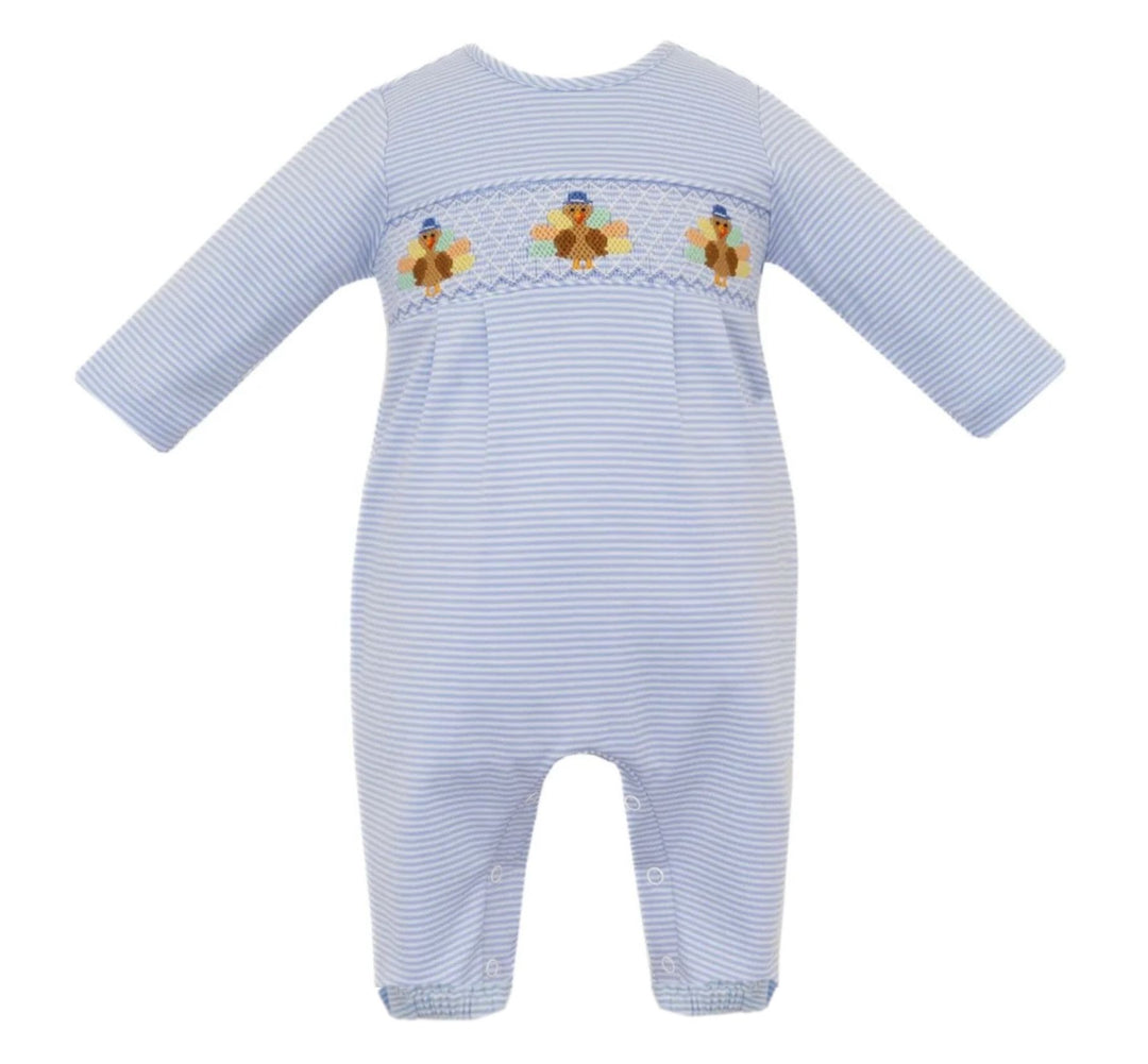 Knit Turkey Blue Stripe Smocked Romper Boy Romper Petit Bebe 