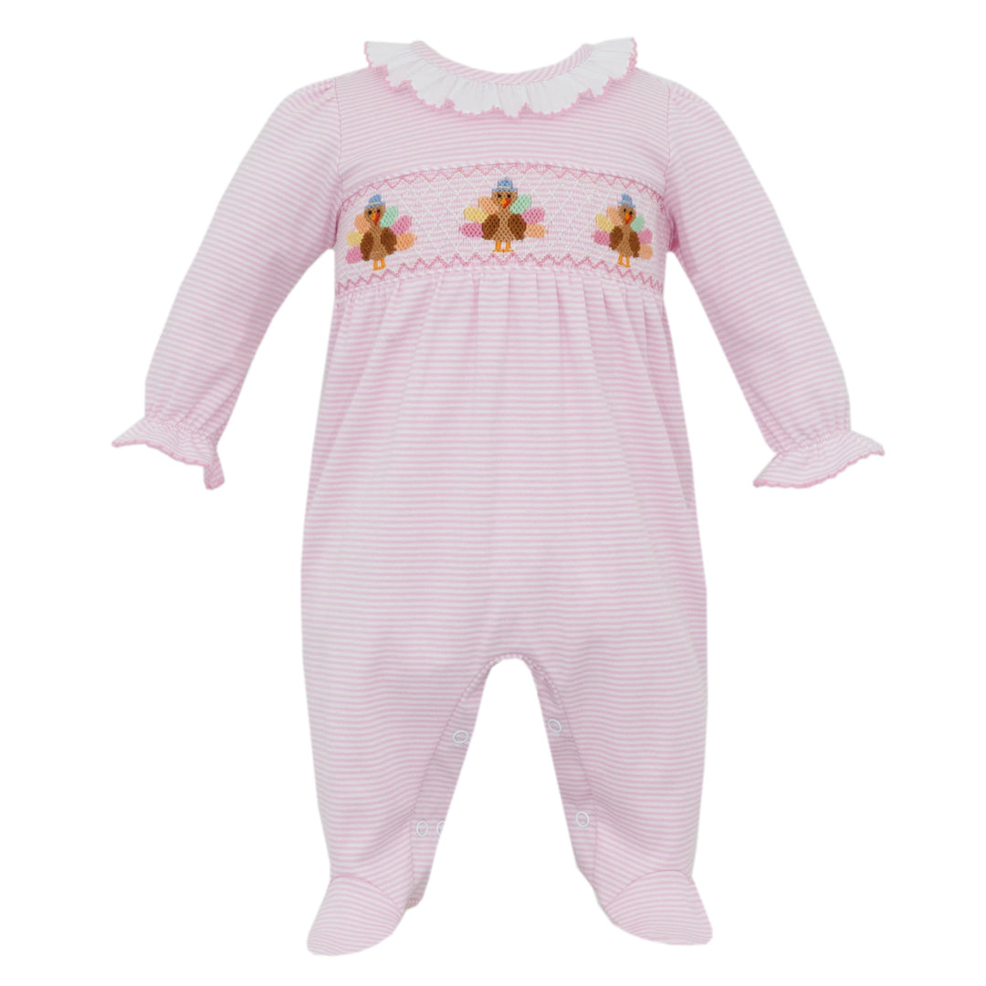 Knit Turkey Pink Stripe Smocked Footie Girl Footie Petit Bebe 
