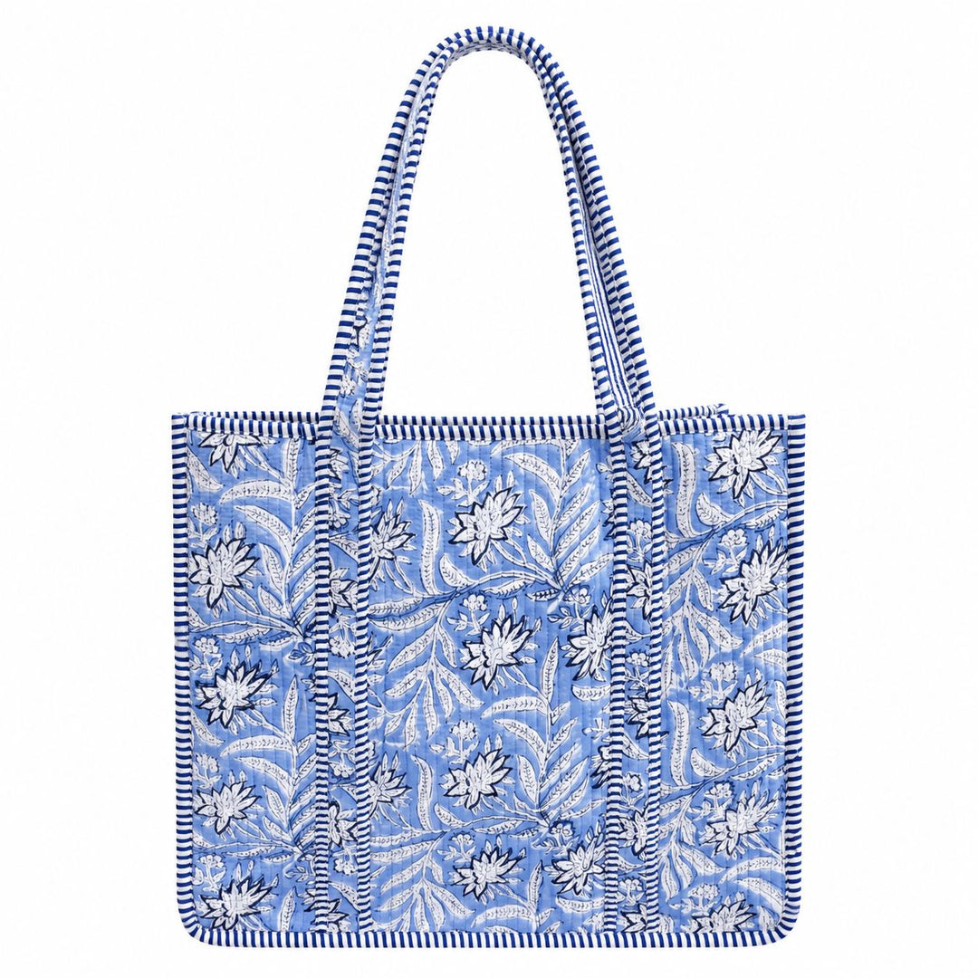 Large Quilted Tote Bag - Blue Burst Floral Tote Queens Designs 