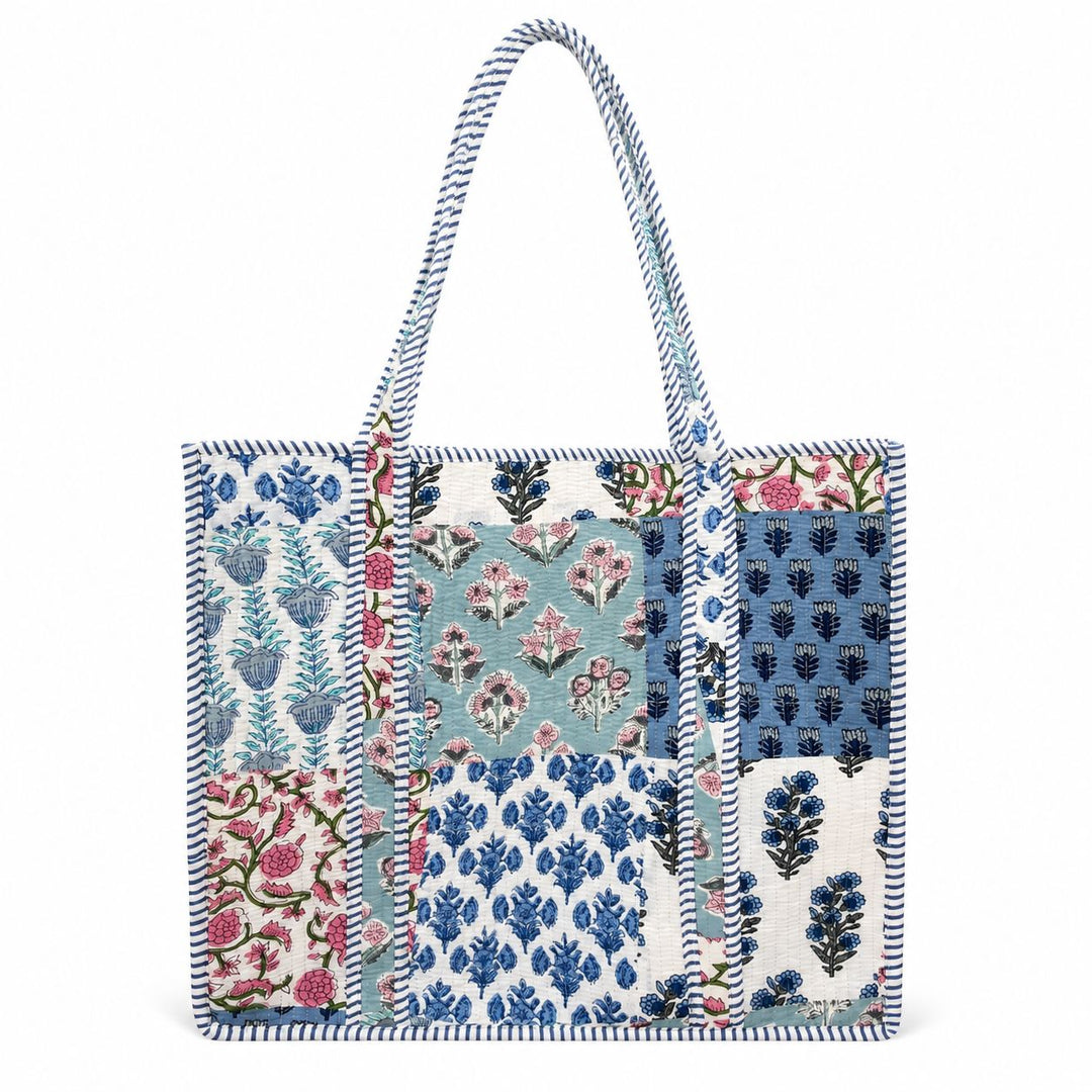 Large Quilted Tote Bag - Blue Floral Patchwork Tote Queens Designs 