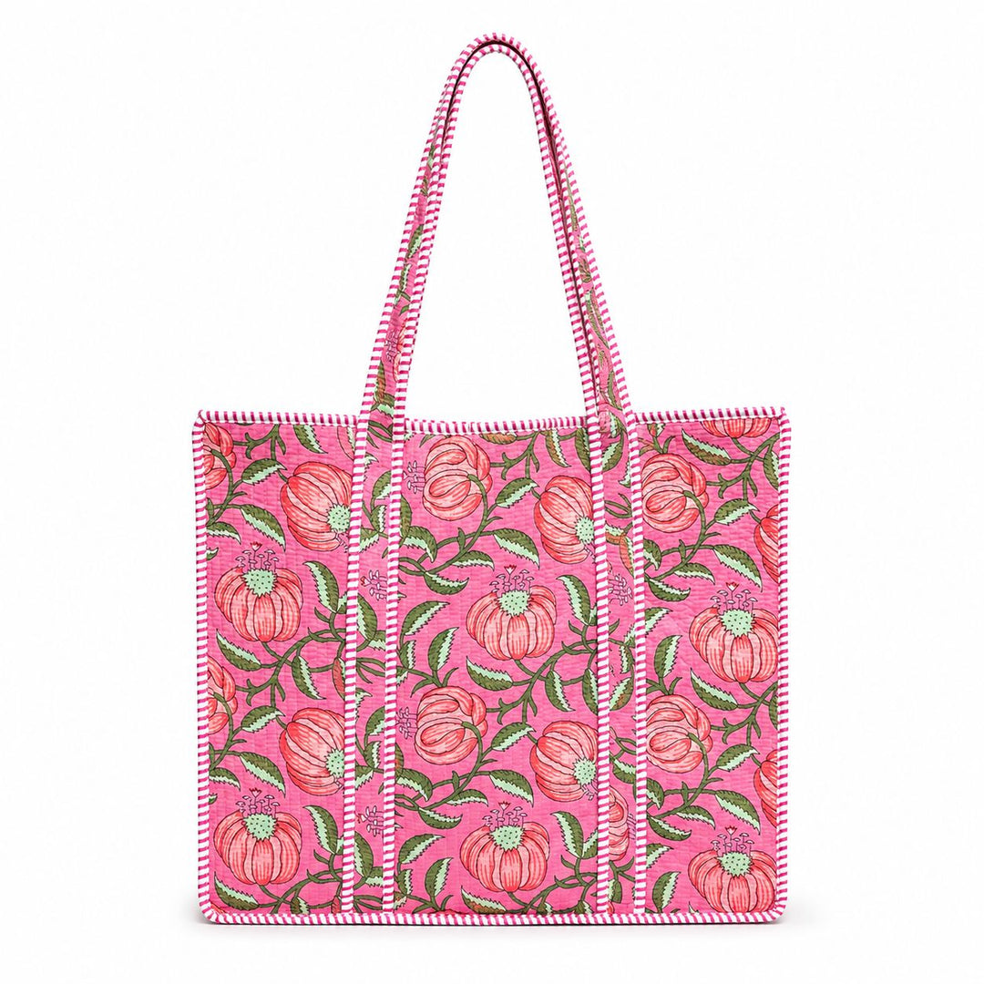 Large Quilted Tote Bag - Fuchsia Garden Tote Queens Designs 