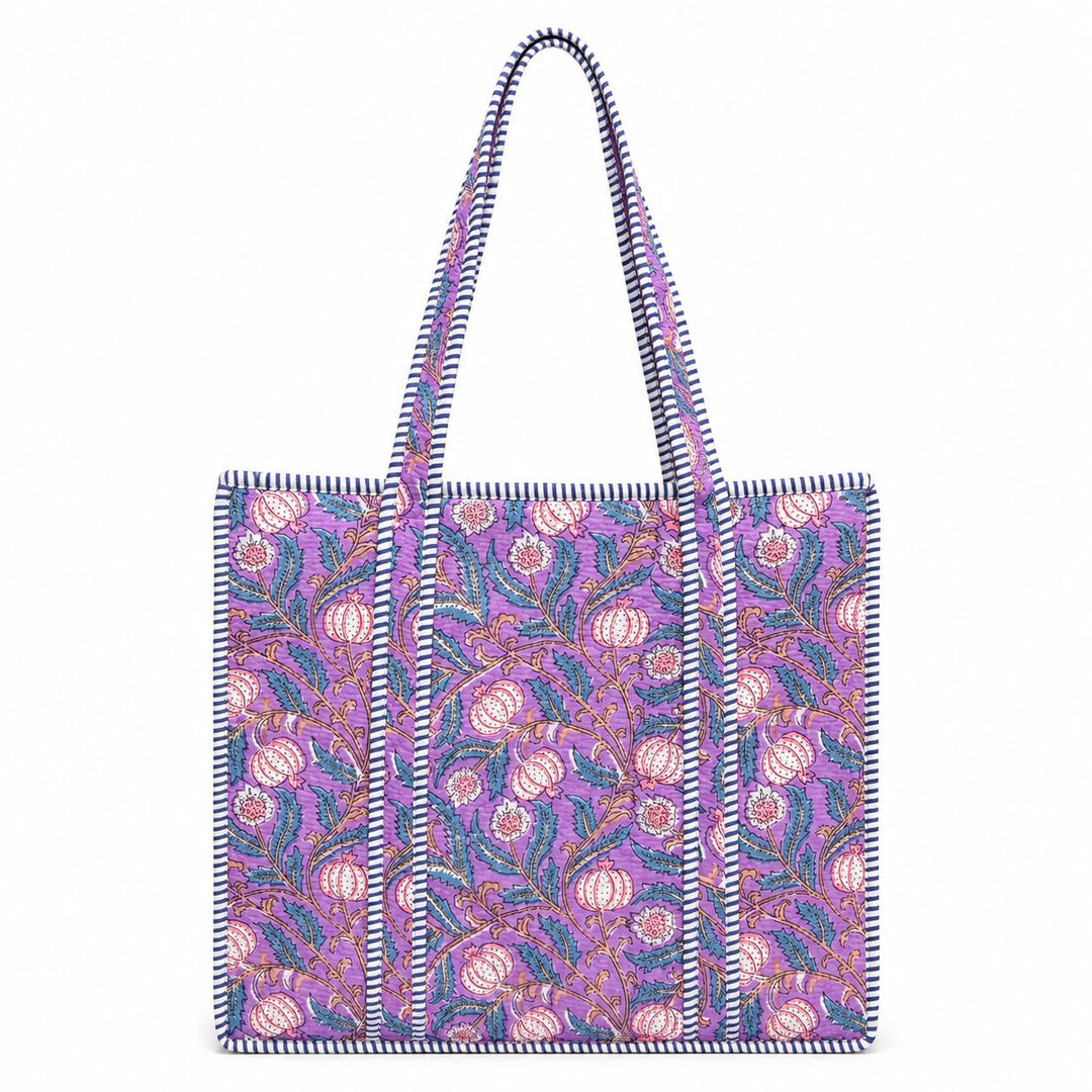 Large Quilted Tote Bag - Lavender Pomagranates Tote Queens Designs 