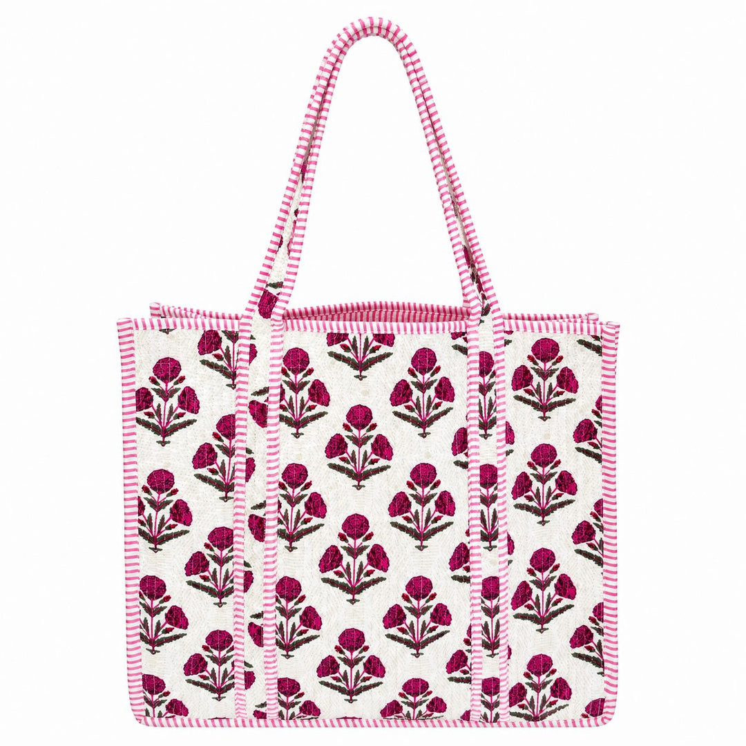 Large Quilted Tote Bag - Peony Block Print Tote Queens Designs 