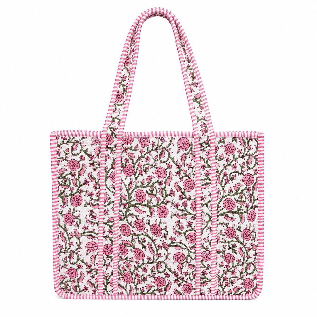 Large Quilted Tote Bag - Petite Pink Vine Tote Queens Designs 