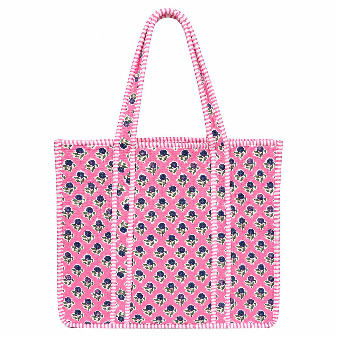 Large Quilted Tote Bag - Pink Violet Blooms Tote Queens Designs 