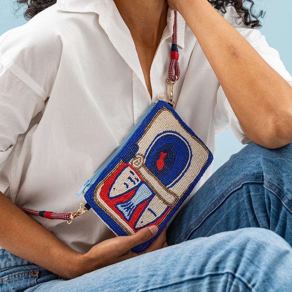 Leila Sardine Seed Bead Clutch With Strap Crossbody Bag Ink and Alloy 